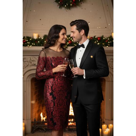 ✨ Tadashi Shoji Red Sequin Embroidered Cocktail Dress Size 6 ✨